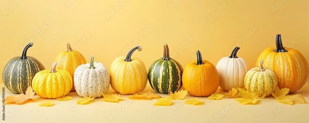 Poster row of pumpkins of various colors and sizes are sitting on a yellow surface with scattered fall leav