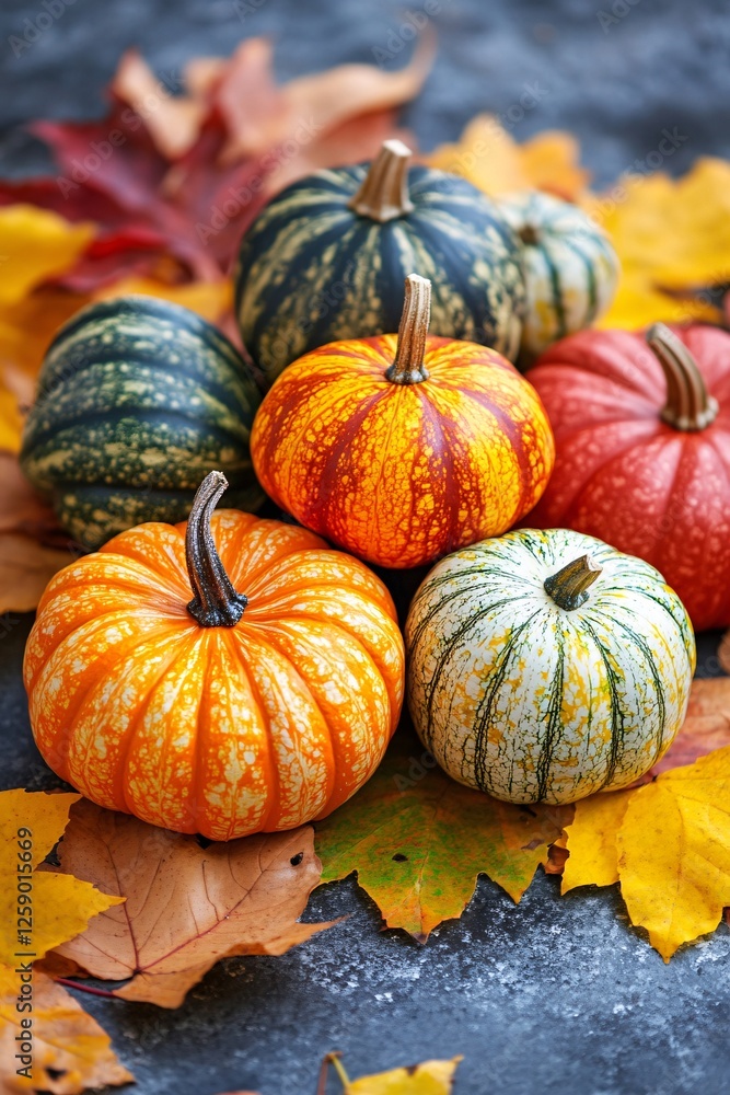 Aufkleber stunning array of vibrant pumpkins resting on a backdrop of autumn leaves, forming a delightful than