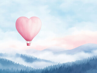 Obraz premium Heart-Shaped Hot Air Balloon Over Misty Mountains 
