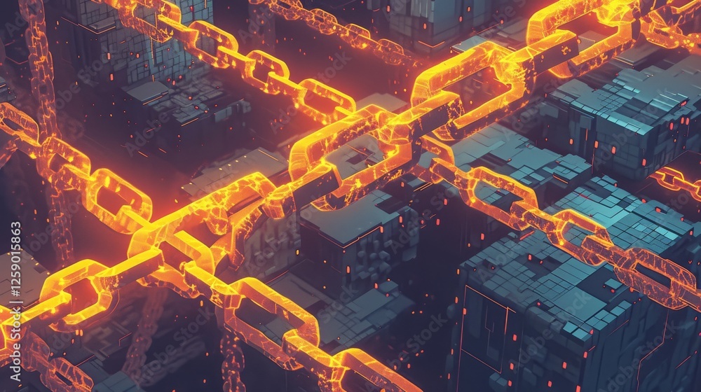 Aufkleber abstract digital illustration of a glowing orange blockchain network, with interconnected links set 