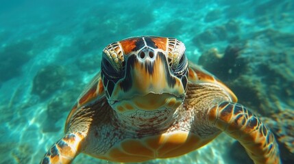 Fototapeta premium Hawksbill Sea Turtle Underwater Close Up View