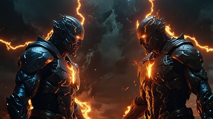 Fototapeta premium Two imposing armored figures stand confrontationally illuminated by bursts of lightning in a dark stormy environment during twilight hours