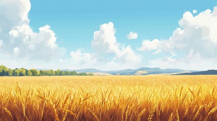 Serene and picturesque countryside landscape with a golden wheat field under a blue sky and clouds