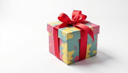 Obraz premium Colorful gift wrapped in red ribbon isolated on white background, present, decorative