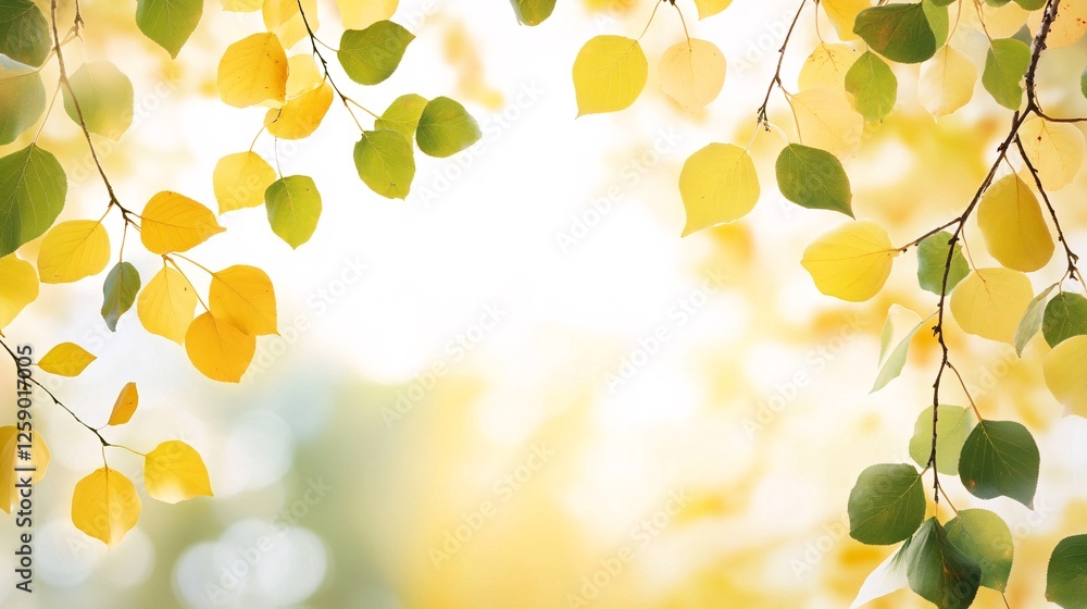 Aufkleber golden yellow and green leaves create a bokeh background as sunlight shines through