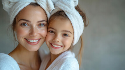 Happy mother and daughter enjoying spa day together in soft robes with face masks for a rejuvenating experience.Mother's Spa Holidays for Daughters, Skin Care, Home Facials