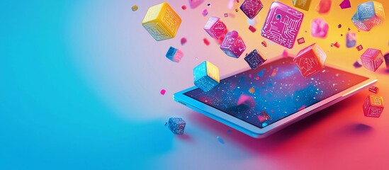 Colorful tablet with floating geometric shapes against a vibrant gradient background