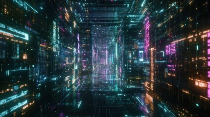 Futuristic neon tunnel with glowing digital data streams and code.