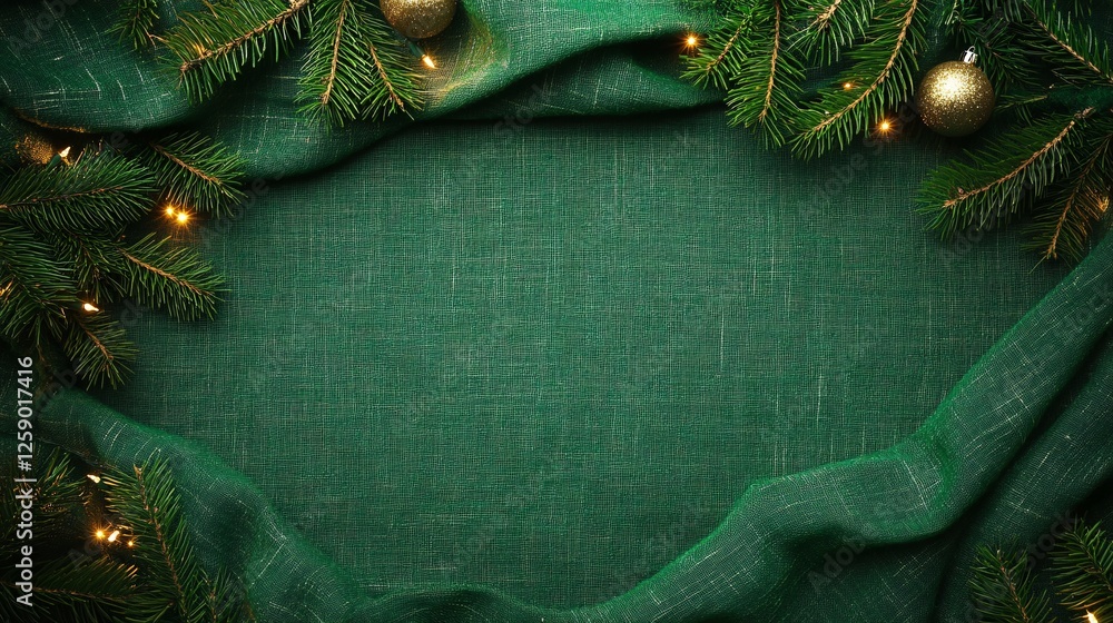 Poster creating a festive mood with a christmas background featuring fir branches, golden ornaments, and sp