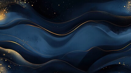 Obraz premium Abstract navy blue waves with gold lines and glitter.