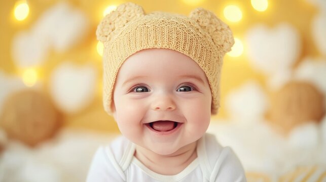 Happy baby in cute hat, smiling, lights background, studio shot, for greeting cards