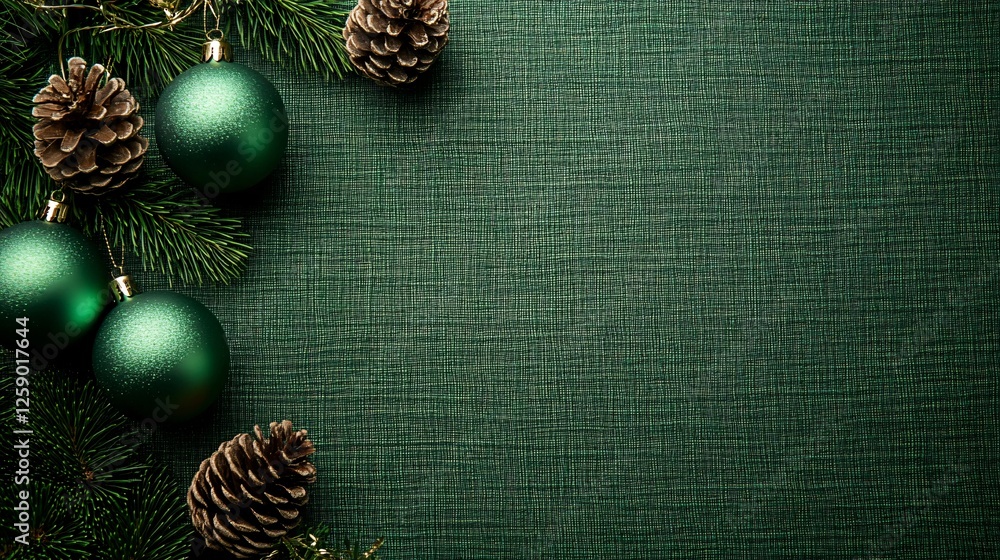 Poster Christmas border composition is lying on green linen texture background with copy space