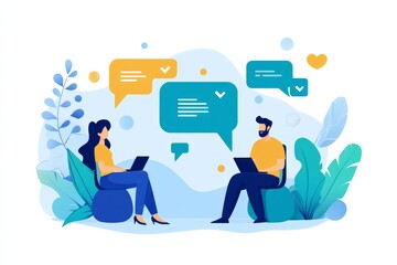 Team collaboration in a digital workspace with laptops and communication bubbles