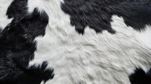 Close-up of cowhide texture, showing black and white patches, with the natural fur pattern filling the entire screen in bold contrast.