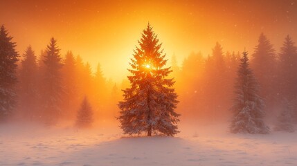 Fototapeta premium Snowy forest sunrise; single tree, fog, winter landscape; nature photography