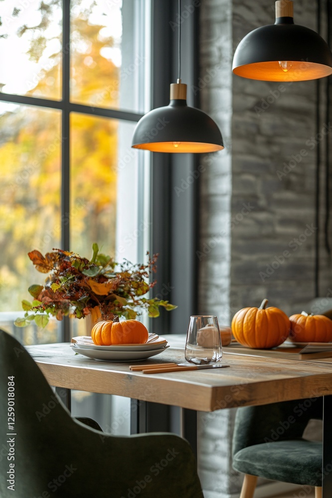 Poster autumn table setting with pumpkins and fall leaf bouquet glowing in the window's natural light
