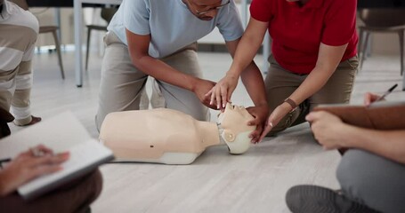 First aid training, person and instructor with dummy for medical simulation, airway position and emergency rescue. CPR demonstration, learning or trainer with health and safety technique at workplace