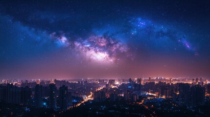 Obraz premium A tranquil night city skyline where minimal light pollution allows the Milky Way to be visible above the urban sprawl