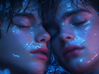 A tender close-up of two people sharing an intimate moment, faces gently touching with closed eyes. Water droplets glisten on their skin, creating a romantic and serene atmosphere for St. Valentine’s 