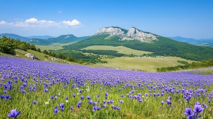 Obraz premium Mountain Landscape with Blooming Purple Flowers Field