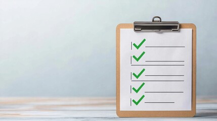A clipboard with a checklist featuring green check marks, symbolizing task completion and productivity in a modern workspace.