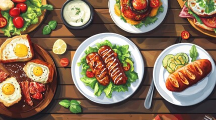 Overhead view of various breakfast and brunch dishes on a wooden table.