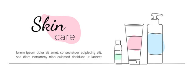 One continuous line drawing of cosmetic bottles. Concept of skin care routine. Editable stroke, vector illustration