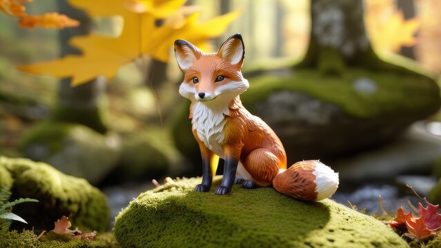 A small red fox is sitting on a mossy rock in a forest. The fox is surrounded by fallen leaves and acorns, giving the scene a peaceful and natural atmosphere