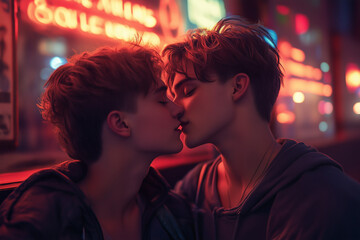 A tender kiss shared between two people under the soft glow of neon lights. Their close embrace and loving gaze capture the warmth and passion of a romantic moment, perfect for St. Valentine’s Day.