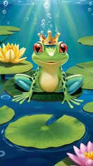 Fototapeta premium A frog is sitting on a lily pad with a crown on its head. The frog is smiling and he is happy. The image has a whimsical and playful mood, as the frog is wearing a crown