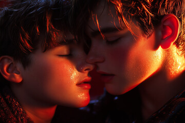 A loving kiss between two people, their faces illuminated by vibrant neon lights. The tender, serene moment perfectly reflects the beauty of gay love and the warmth of a shared connection