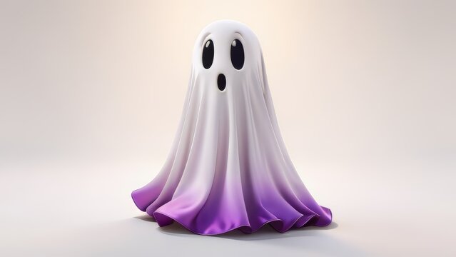 A ghostly figure with a purple and white sheet draped over it. The ghostly figure has a surprised look on its face