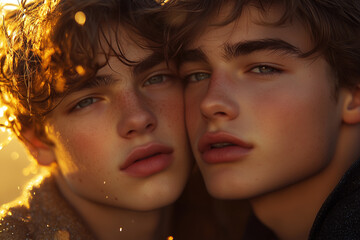Two people share an intimate moment, their faces close together under the warm glow of sunset light. Their gentle connection speaks of love, perfect for St. Valentine’s Day and celebrating gay love.