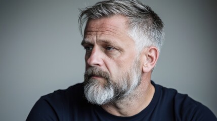 Obraz premium Pensive mature man portrait against neutral background. Possible use stock photo for psychology or emotional expression