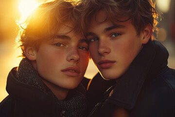 Two people share an intimate moment, their faces close together under the warm glow of sunset light. Their gentle connection speaks of love, perfect for St. Valentine’s Day and celebrating gay love.