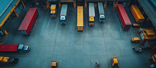 Aerial view of a busy logistics yard with trucks and containers organized for loading