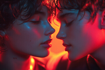 Two souls unite in a soft kiss, surrounded by the glow of neon signs. The intimate moment captures the essence of love and connection, making it a beautiful tribute to St. Valentine’s Day for the LGBT