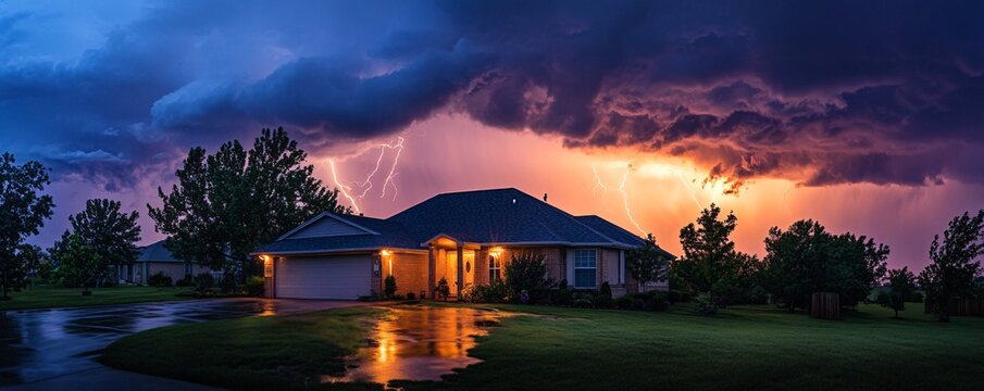 Suburban home lit up by a nighttime lightning storm