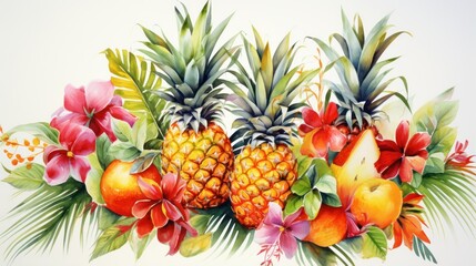 Fototapeta premium Vibrant Tropical Fruits and Flowers Watercolor. Pineapples, Oranges, Hibiscus, Palm Leaves