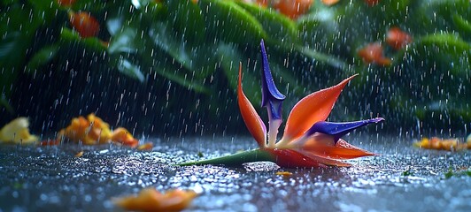 A vibrant orange and purple bird of paradise flower lies on a wet surface, surrounded by rain droplets, creating a stunning contrast against the lush green background.