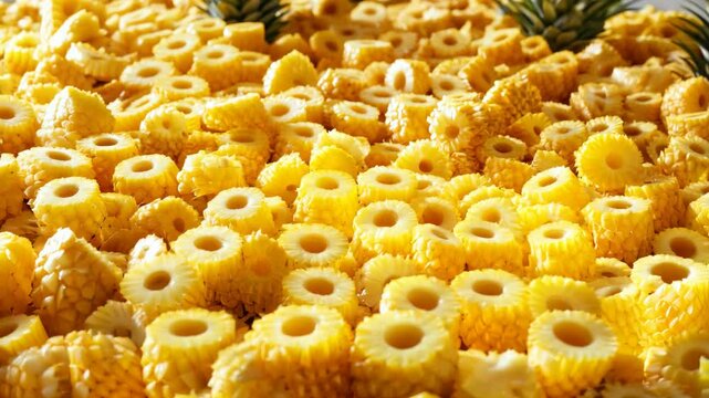 A packed field of pineapple chunks and rings, their bright yellow flesh filling every inch of the view.