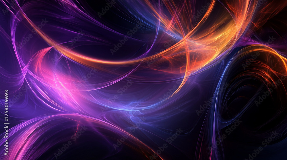 Poster abstract digital fractal design featuring vivid swirls of purple, orange, and blue tones, creating a