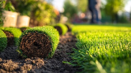 Fresh turf grass sod rolls on a sunny day ready to be laid