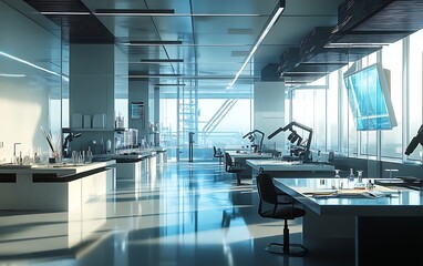 A modern laboratory interior with glass walls, a white and blue color scheme, high-tech equipment on desks, black chairs, microscopes, and large windows