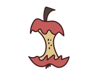 Cartoon Art of Apple Core Isolated on White Background. Simple Doodle of Eaten Apple with Seeds and Red Peel. Concept of Food Waste, Organic Recycling, Minimalist Fruit Design Element, Trash Symbol
