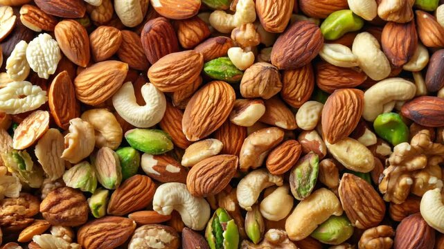 A surface densely covered with mixed nuts, including almonds, cashews, and pistachios, filling every inch of the frame with their crunchy, earthy texture.