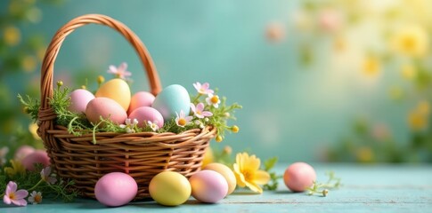 Naklejka premium Wicker basket overflowing with pastel eggs, spring flowers , painted eggs, Easter, tradition