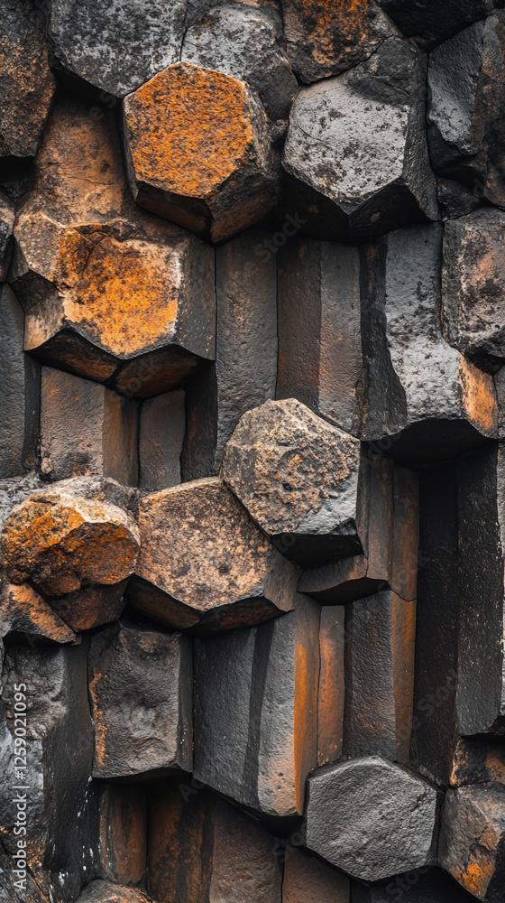 Aufkleber close-up image of basalt columns with geometric, hexagonal shapes and visible texture, showcasing na