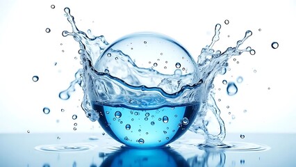 A clear orb sits atop a reflective surface, surrounded by a splash of water droplets. on white background