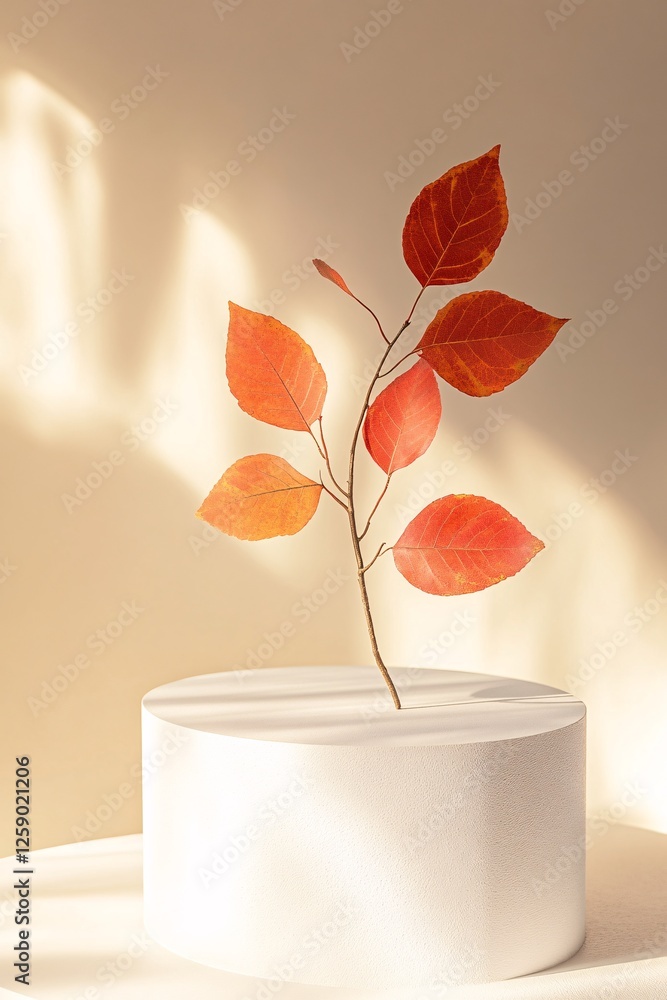 Poster Sunlight casting shadows of a branch with red autumn leaves on a beige background with copy space